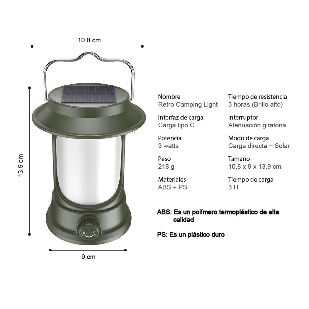 Lámpara Led Solar Recargable Usb Vintage Camping Portátil