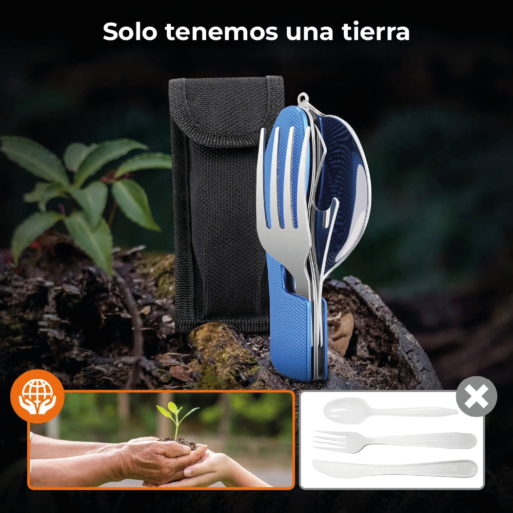 Set Cubiertos Plegables 4 en 1 Camping  Cuchillo Tenedor Cuchara Acero INOX Outdoor Plateado