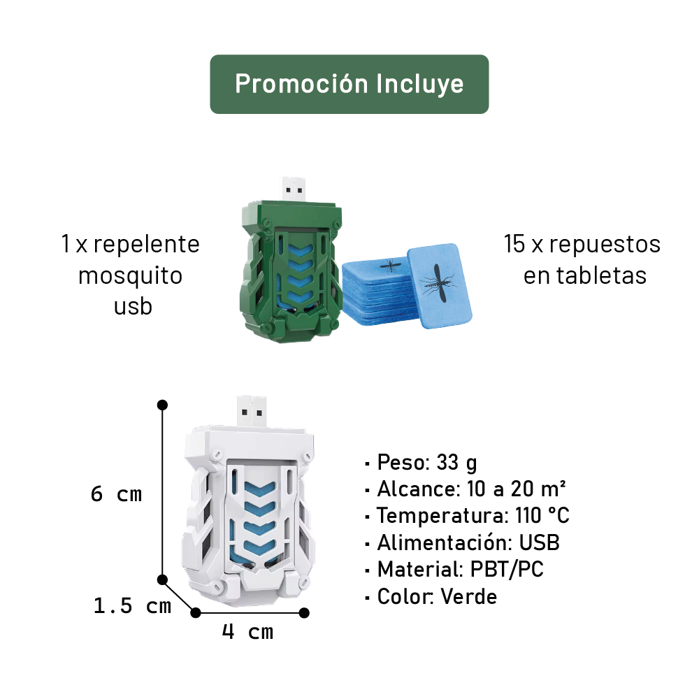 Repelente USB Portátil con 15 Repuestos Anti mosquitos Camping VERDE