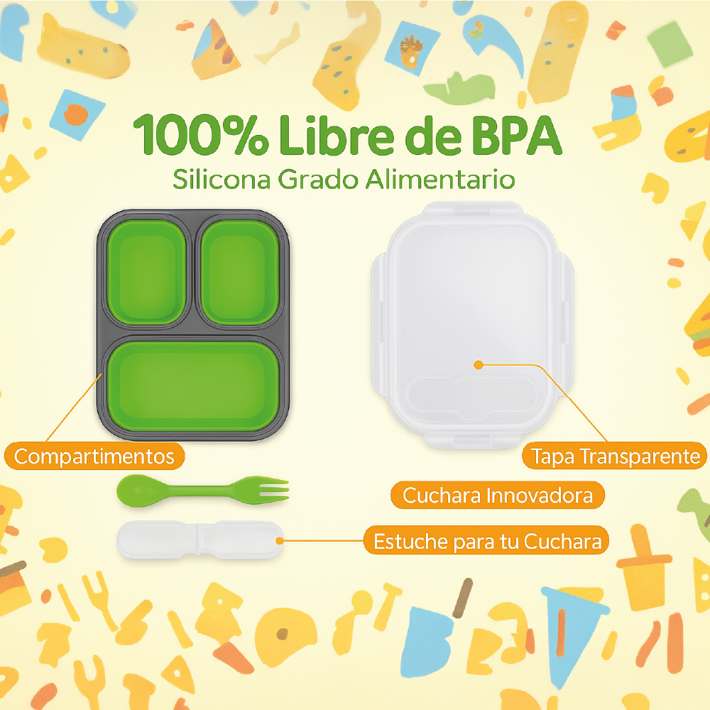 Lonchera Plegable Premium - 3 Compartimentos Herméticos - Libre de BPA - 383g - Cubierto Integrado