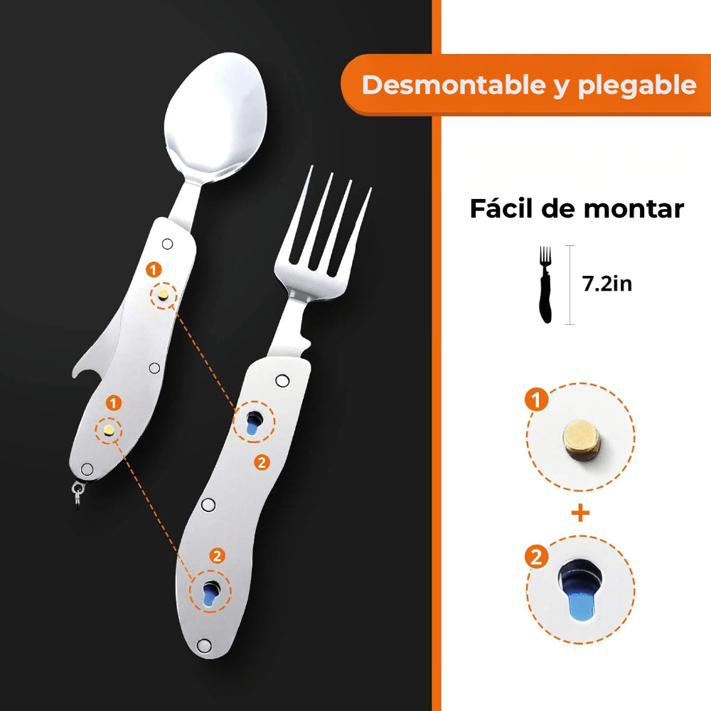 Set Cubiertos Plegables 4 en 1 Camping  Cuchillo Tenedor Cuchara Acero INOX Outdoor Plateado