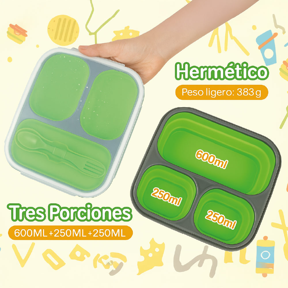 Lonchera Plegable Premium - 3 Compartimentos Herméticos - Libre de BPA - 383g - Cubierto Integrado