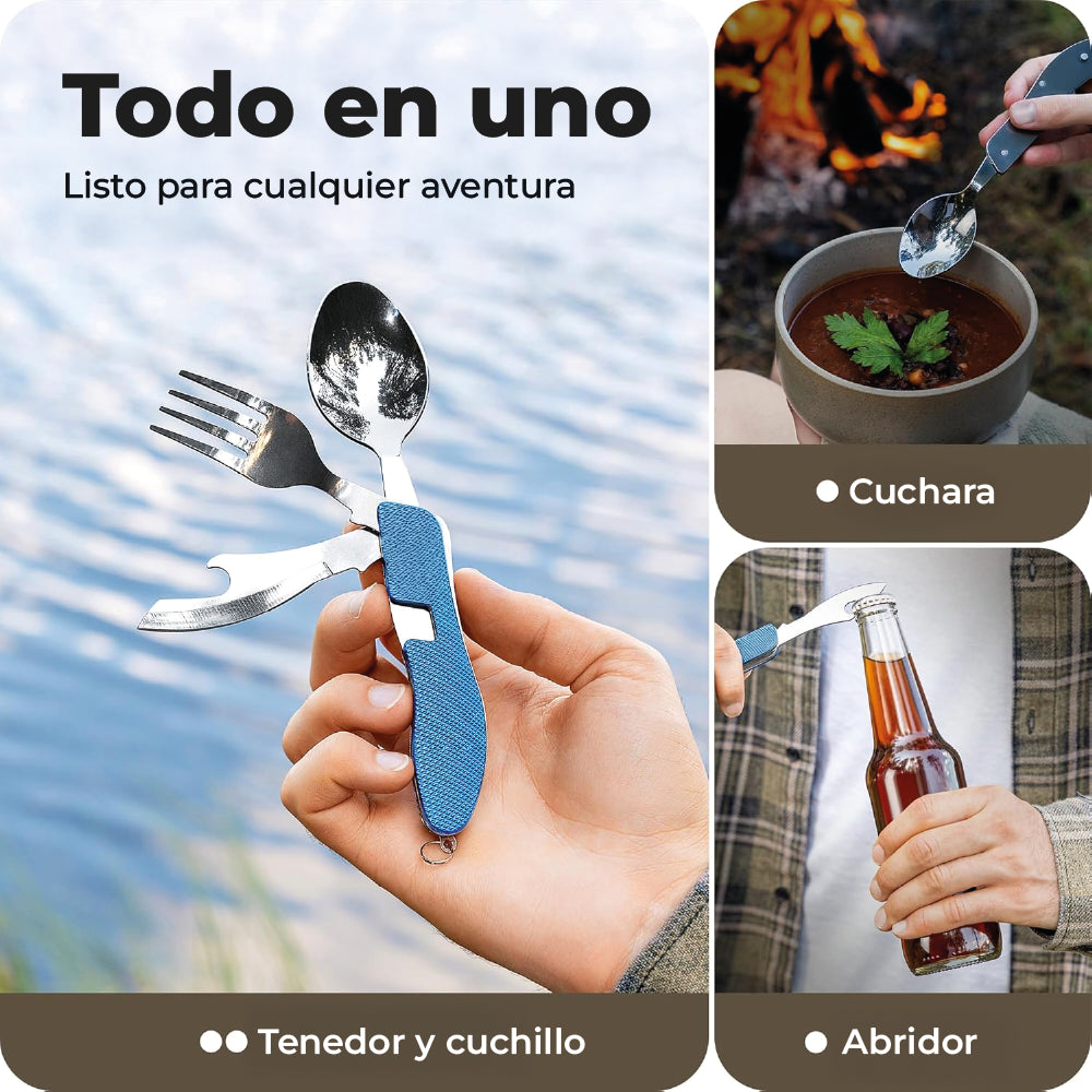 Set Cubiertos Plegables 4 en 1 Camping  Cuchillo Tenedor Cuchara Acero INOX Outdoor Plateado