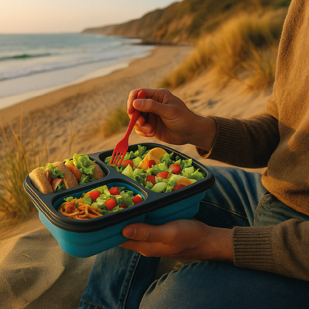 Lonchera Plegable Premium - 3 Compartimentos Herméticos - Libre de BPA - 383g - Cubierto Integrado