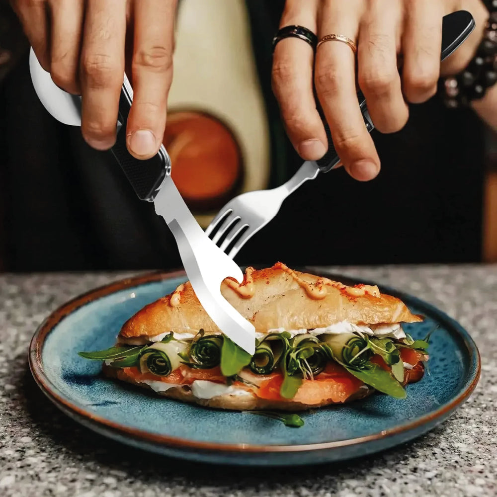 Set Cubiertos Plegables 4 en 1 Camping - Cuchillo Tenedor Cuchara Acero Inoxidable Aventura Outdoor