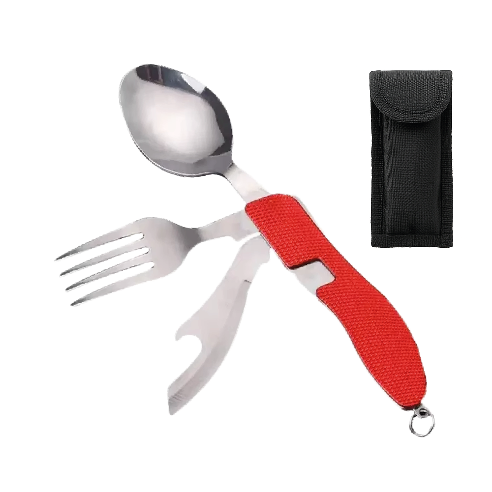 Set Cubiertos Plegables 4 en 1 Camping  Cuchillo Tenedor Cuchara Acero INOX Outdoor Rojo