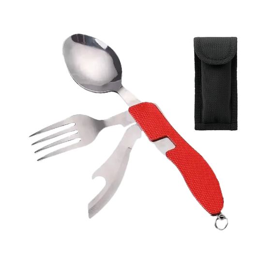 Set Cubiertos Plegables 4 en 1 Camping  Cuchillo Tenedor Cuchara Acero INOX Outdoor Rojo