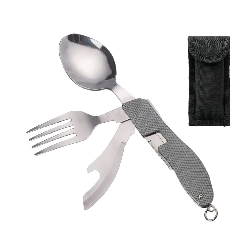 Set Cubiertos Plegables 4 en 1 Camping  Cuchillo Tenedor Cuchara Acero INOX Outdoor Plateado
