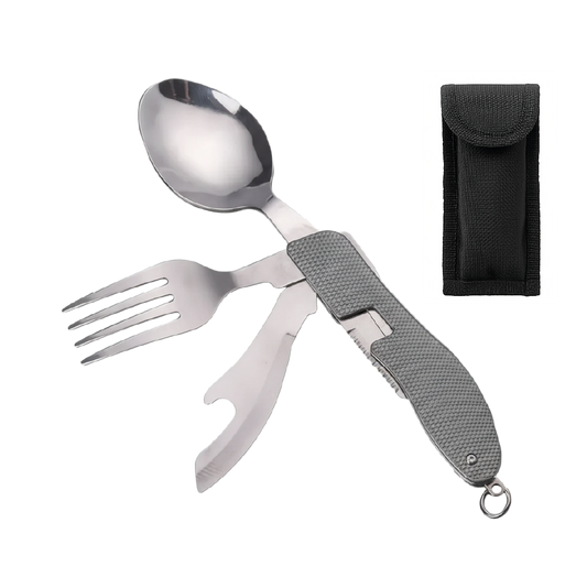 Set Cubiertos Plegables 4 en 1 Camping  Cuchillo Tenedor Cuchara Acero INOX Outdoor Plateado