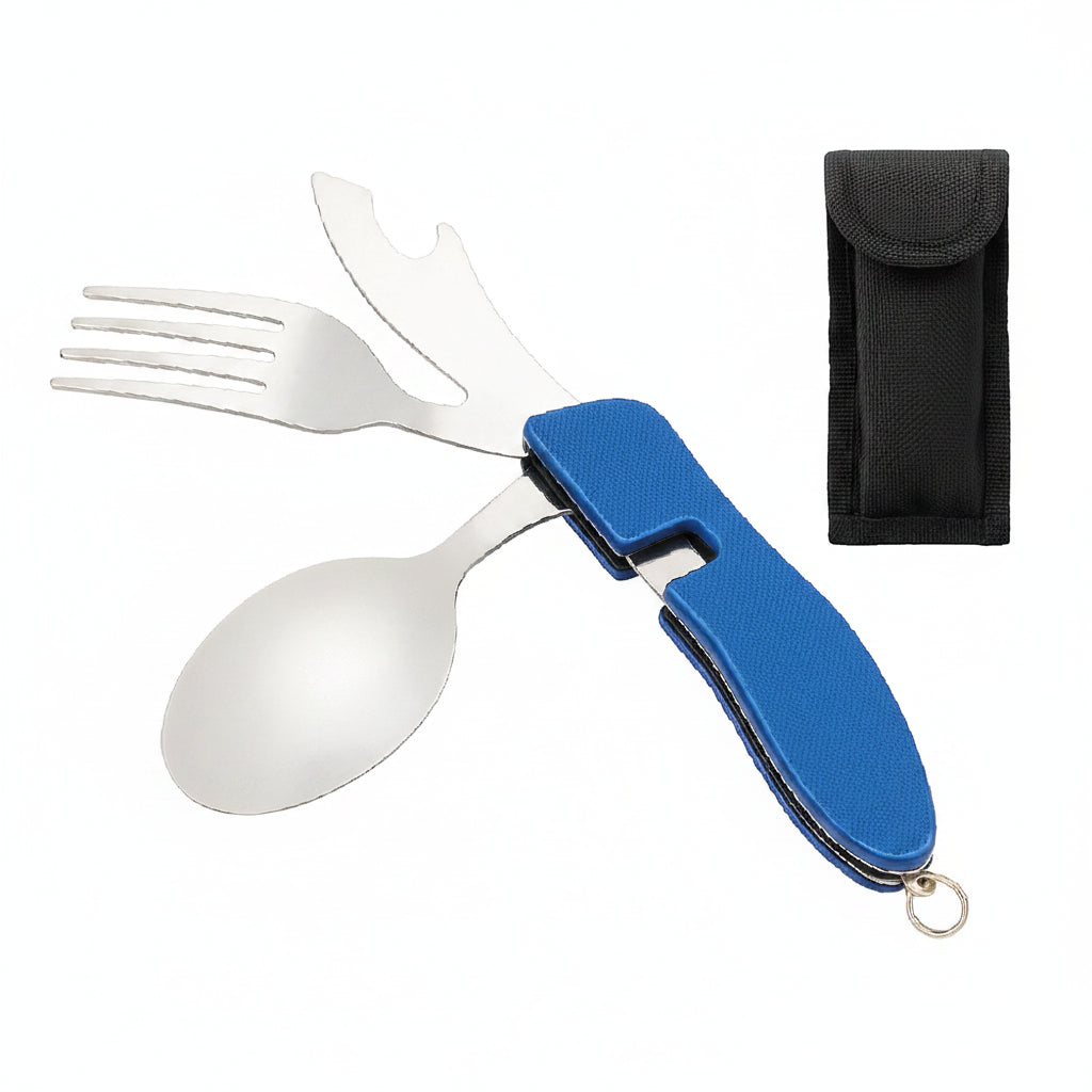 Set Cubiertos Plegables 4 en 1 Camping  Cuchillo Tenedor Cuchara Acero INOX Outdoor Azul