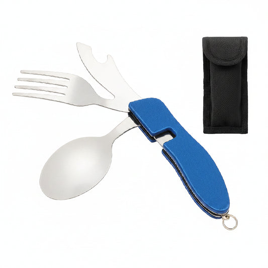 Set Cubiertos Plegables 4 en 1 Camping  Cuchillo Tenedor Cuchara Acero INOX Outdoor Azul