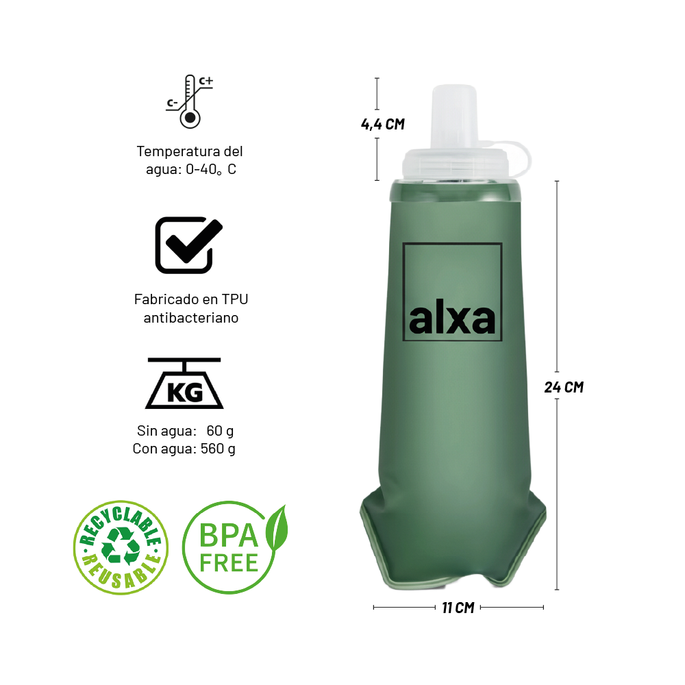 Botella Soft Flask Plegable Deportiva 500 ml  Hidratación Runnig MTB Verde