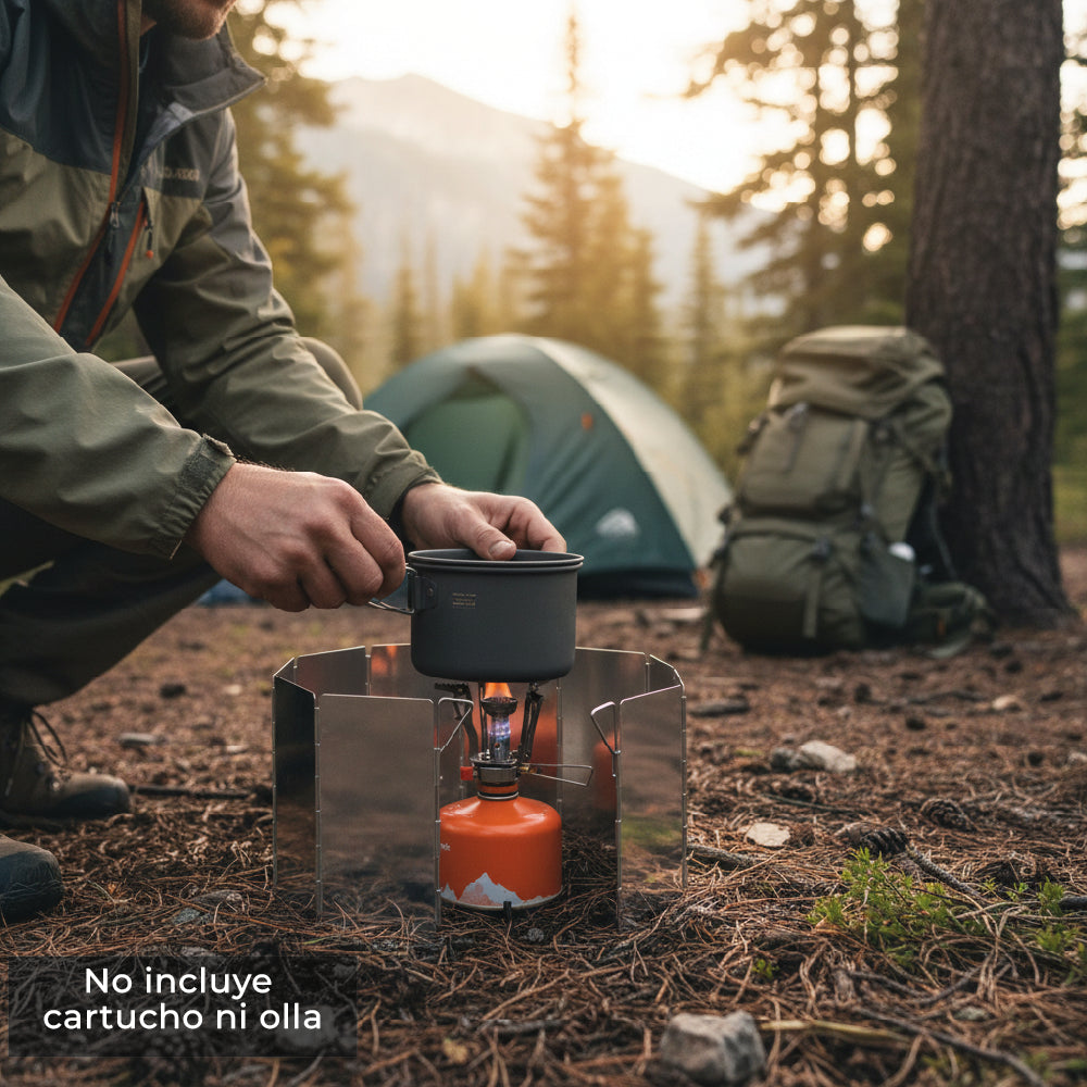 Pack Camping Cocinilla Pro + Soporte + Protector Viento 304g