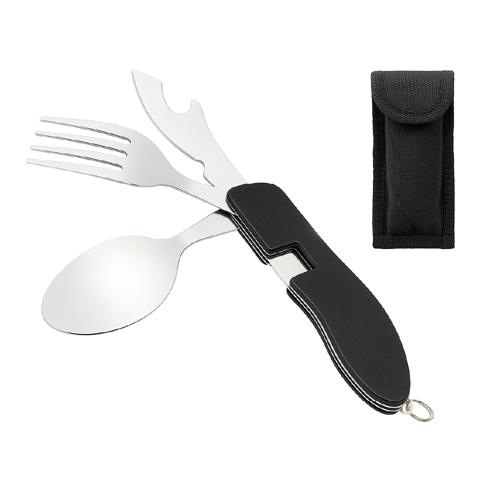 Set Cubiertos Plegables 4 en 1 Camping  Cuchillo Tenedor Cuchara Acero INOX Outdoor Negro