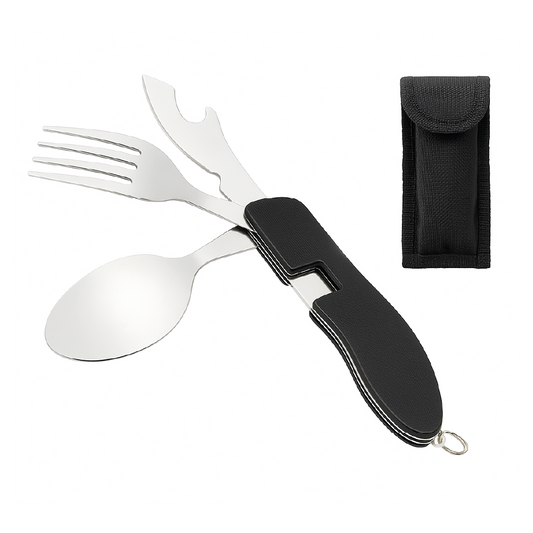 Set Cubiertos Plegables 4 en 1 Camping  Cuchillo Tenedor Cuchara Acero INOX Outdoor Negro