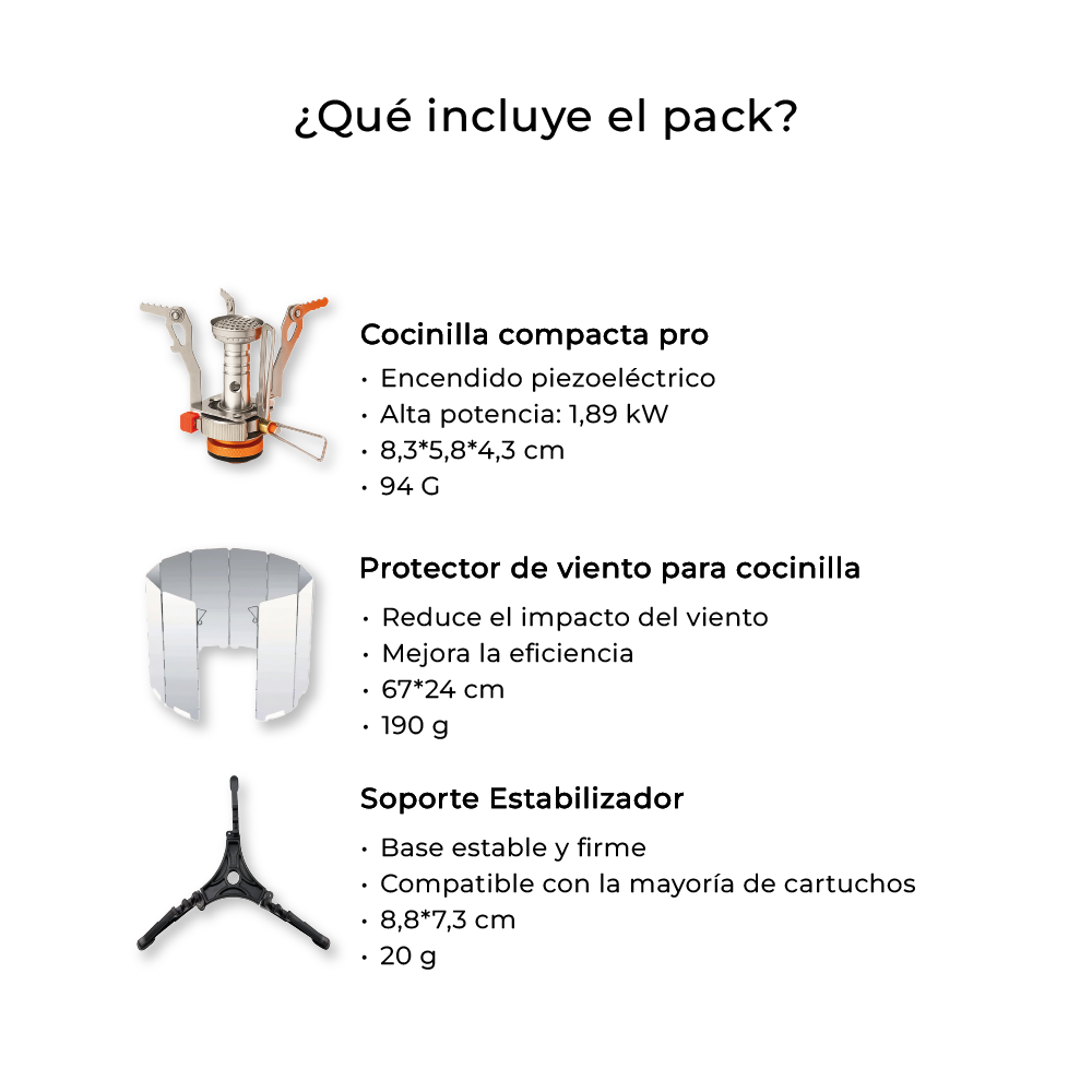 Pack Camping Cocinilla Pro + Soporte + Protector Viento 304g