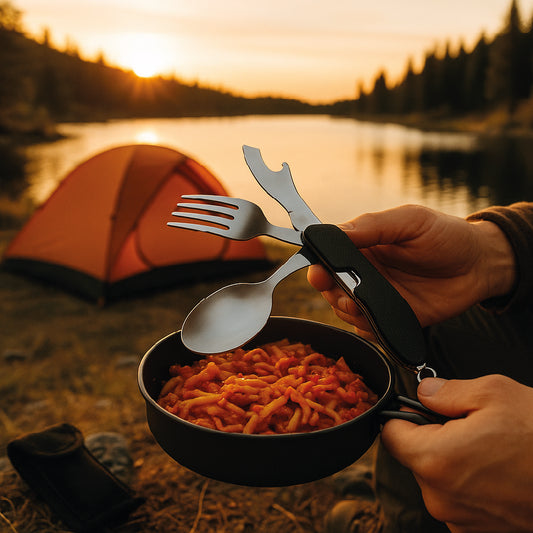 Set Cubiertos Plegables 4 en 1 Camping  Cuchillo Tenedor Cuchara Acero INOX Outdoor Rojo