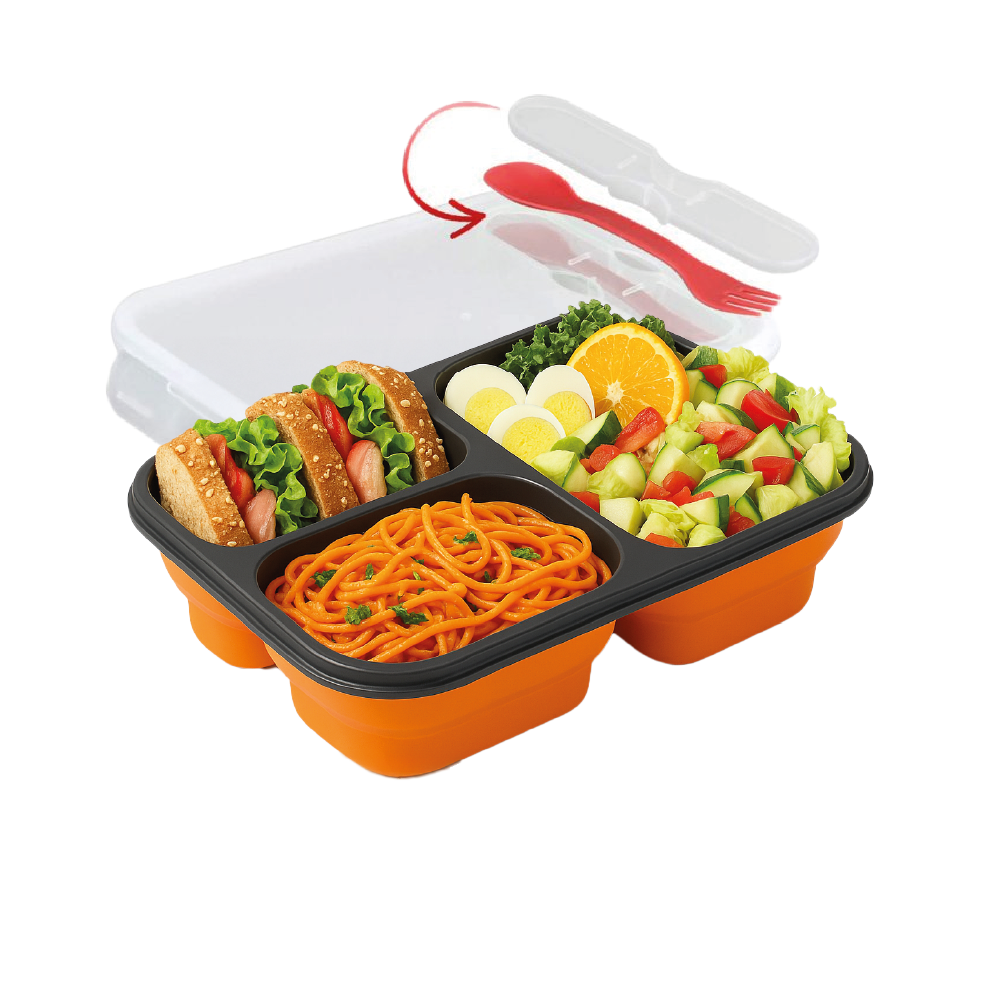 Lonchera Plegable Premium - 3 Compartimentos Herméticos - Libre de BPA - 383g - Cubierto Integrado