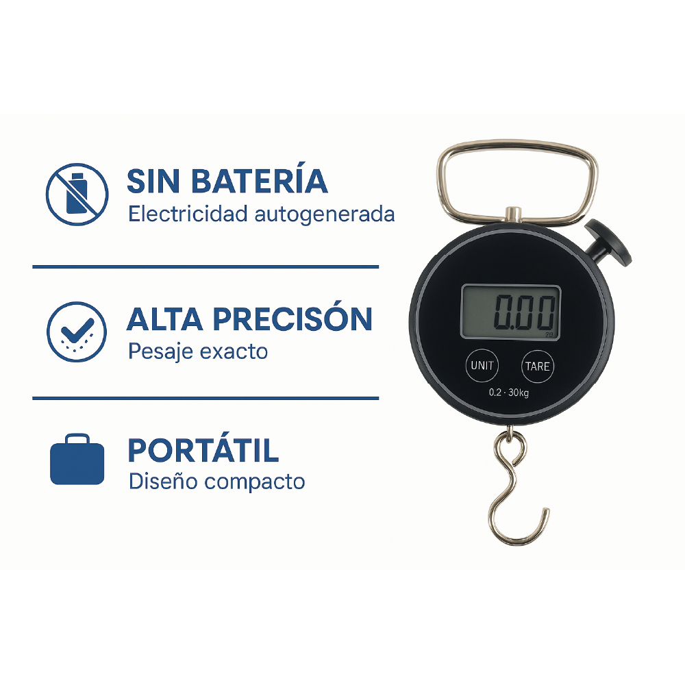 Balanza Digital Portátil Sin Batería - Báscula Colgante Autogenerada 0.2 - 30kg
