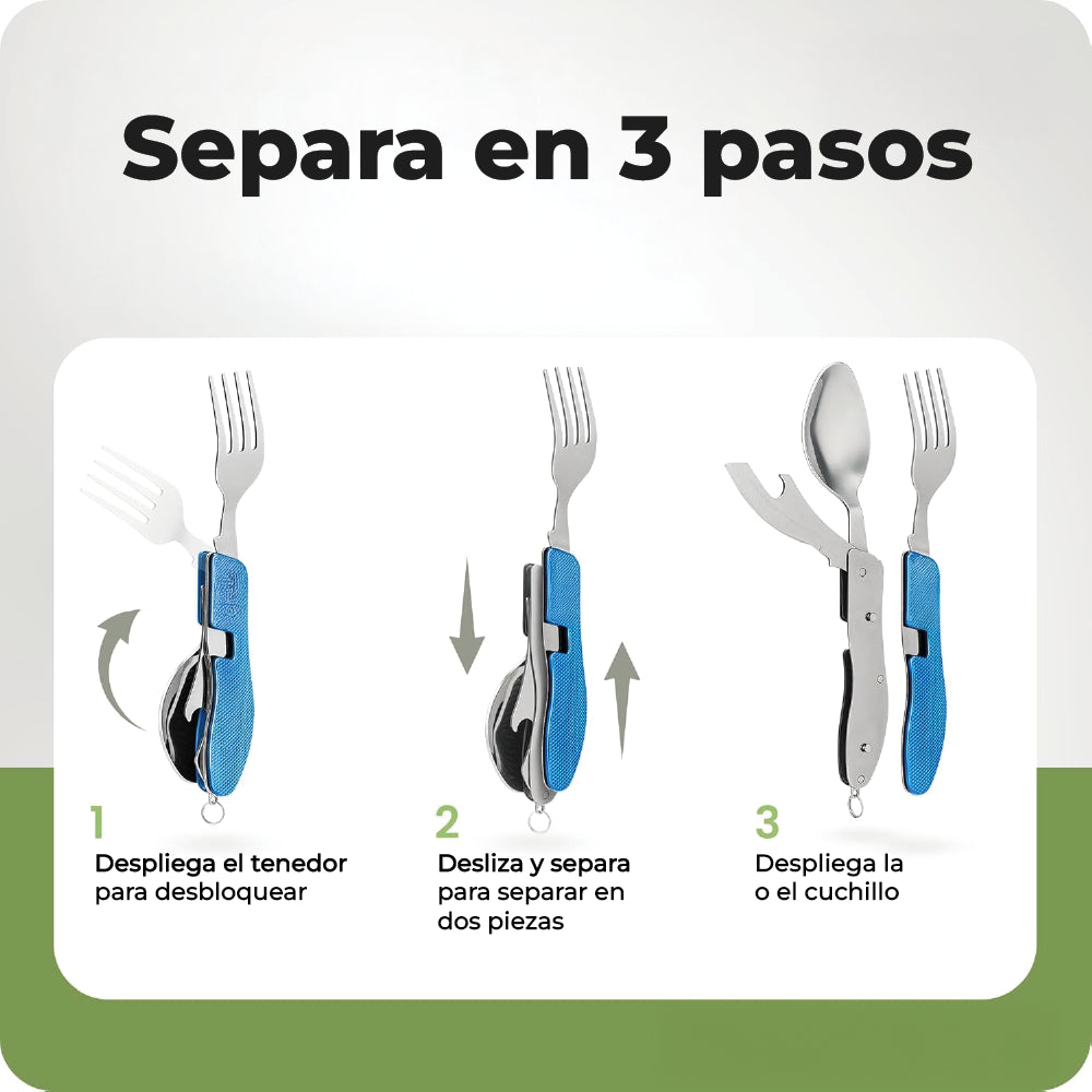 Set Cubiertos Plegables 4 en 1 Camping  Cuchillo Tenedor Cuchara Acero INOX Outdoor Plateado