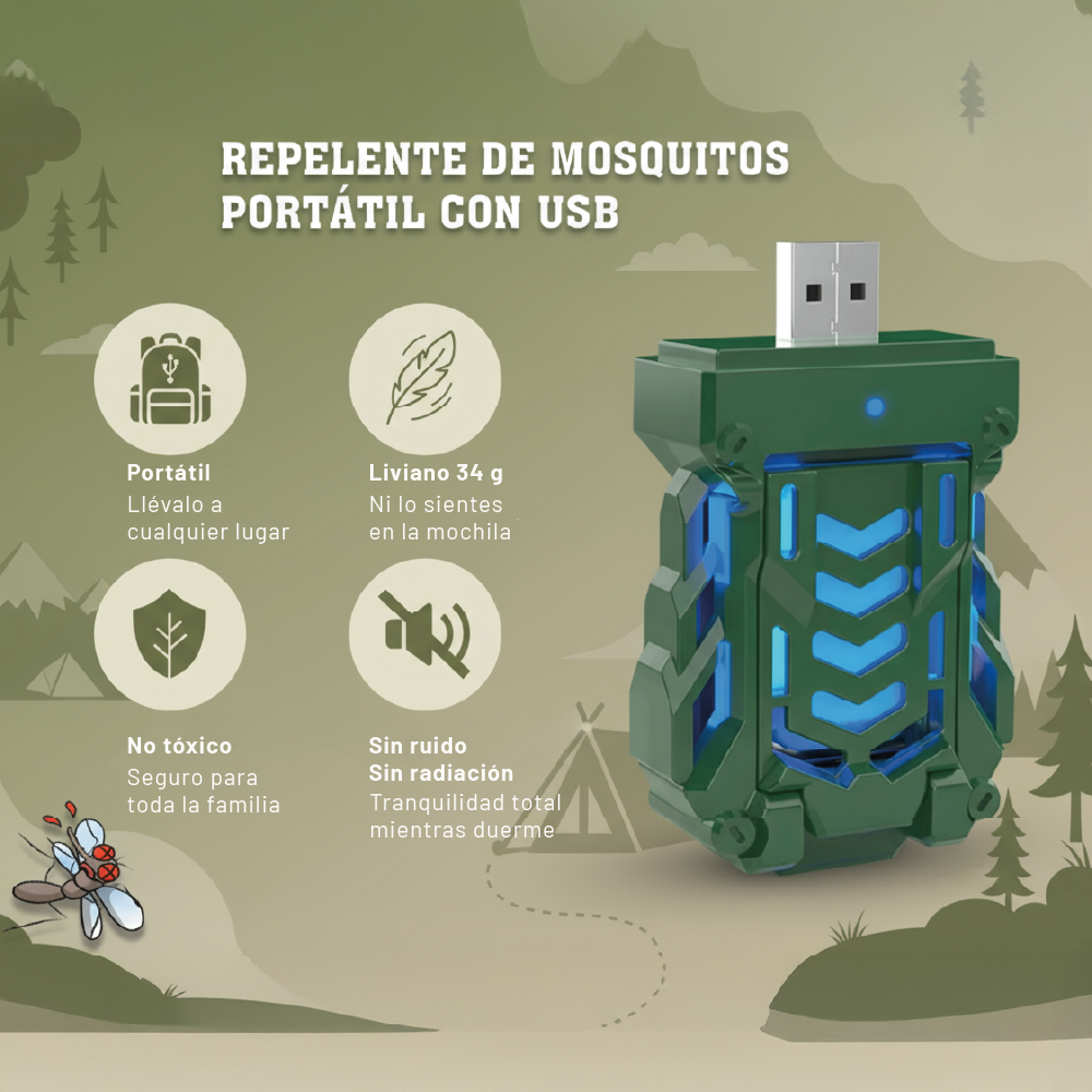 Repelente USB Portátil con 15 Repuestos Anti mosquitos Camping VERDE
