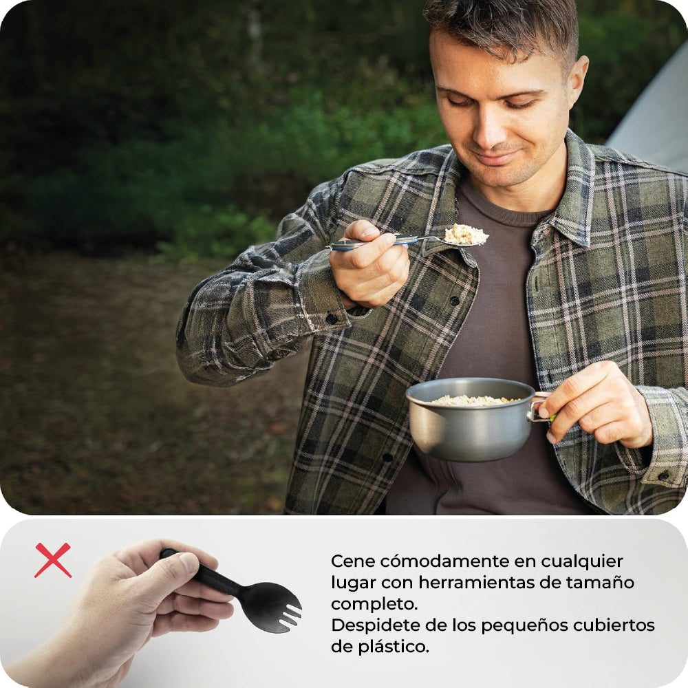 Set Cubiertos Plegables 4 en 1 Camping  Cuchillo Tenedor Cuchara Acero INOX Outdoor Plateado