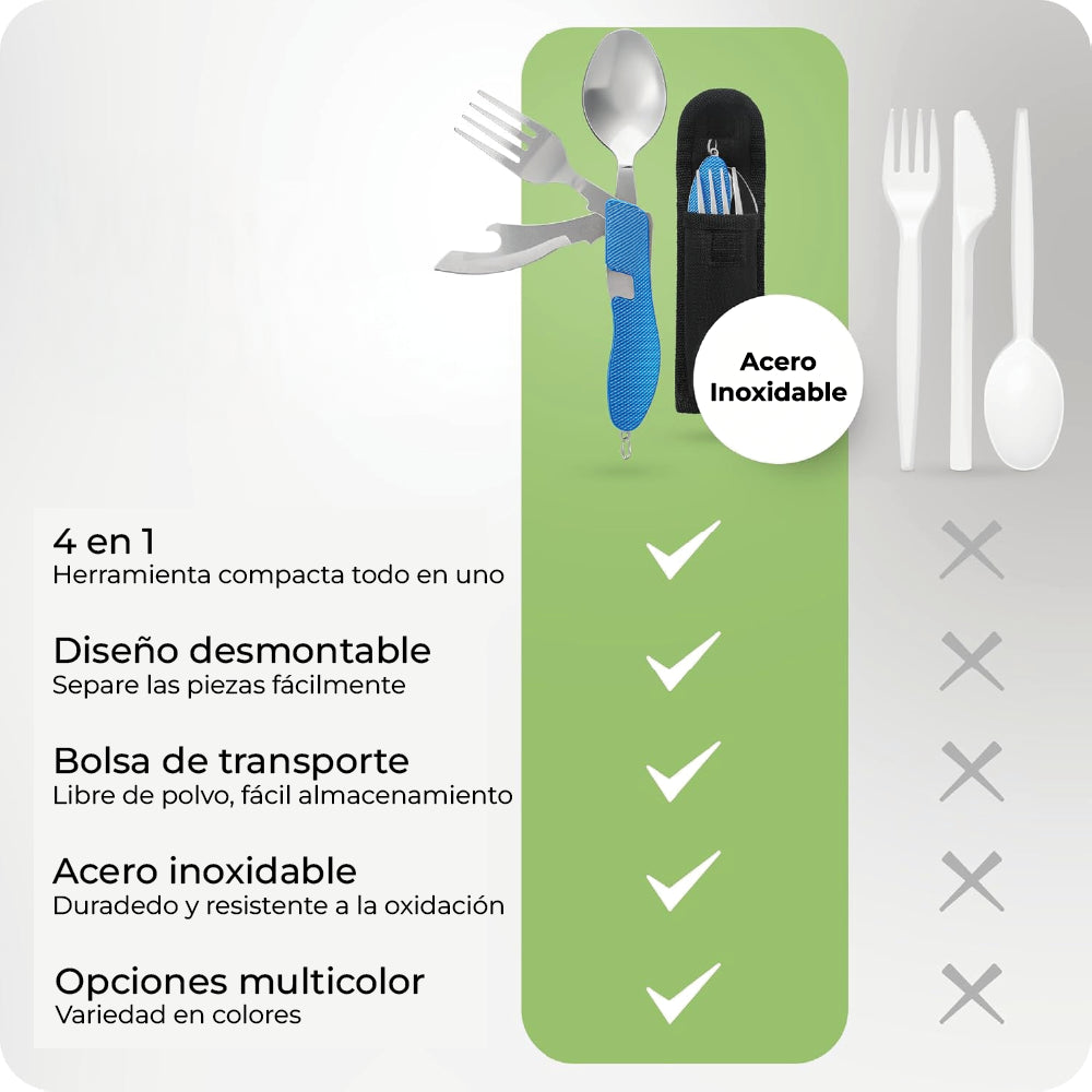 Set Cubiertos Plegables 4 en 1 Camping  Cuchillo Tenedor Cuchara Acero INOX Outdoor Plateado