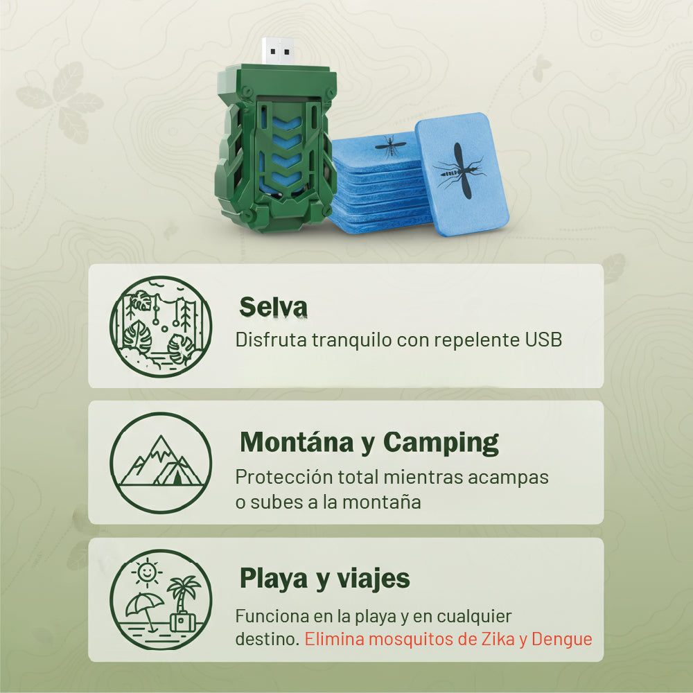 Repelente USB Portátil con 15 Repuestos Anti mosquitos Camping VERDE