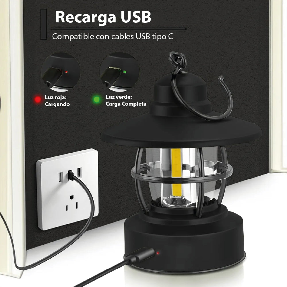 Lámpara Led Recargable Usb Vintage Camping Portátil 11x14cm