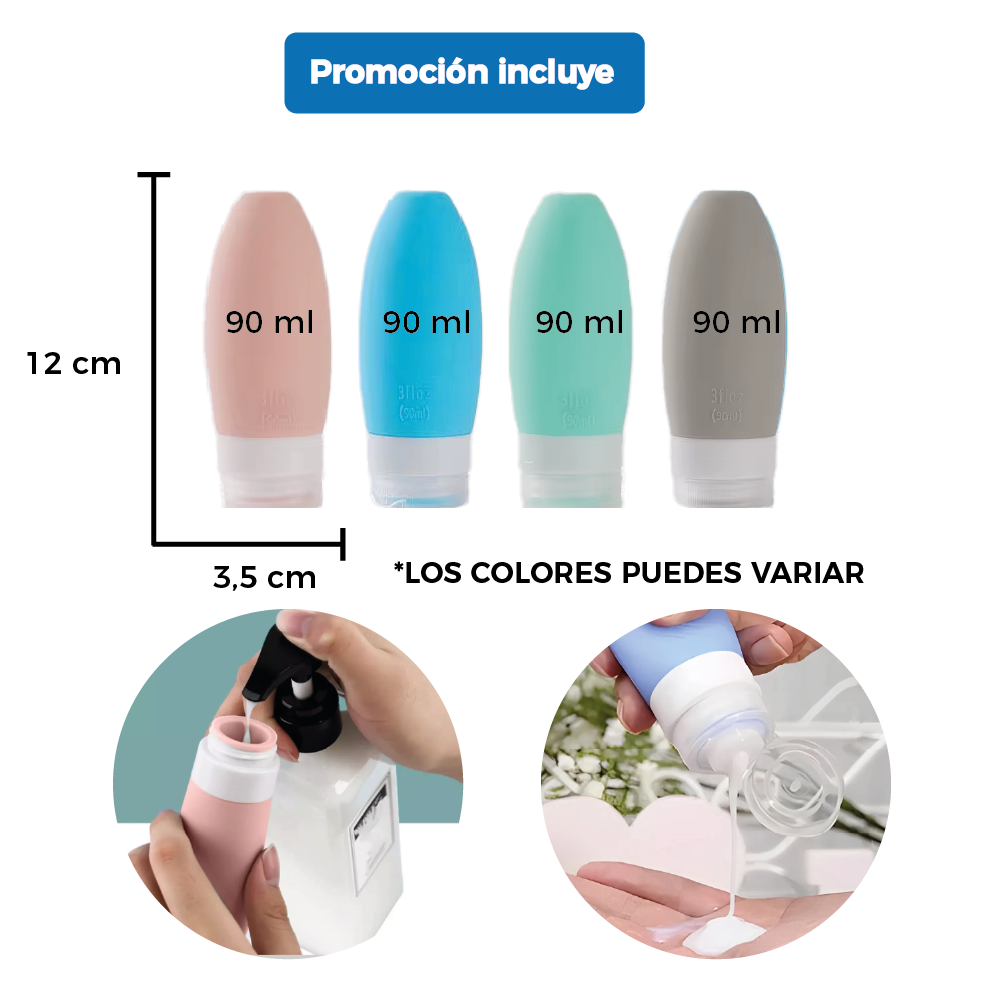Viaja Liviano Set X4 Botellas Silicona 90 Ml Antifugas