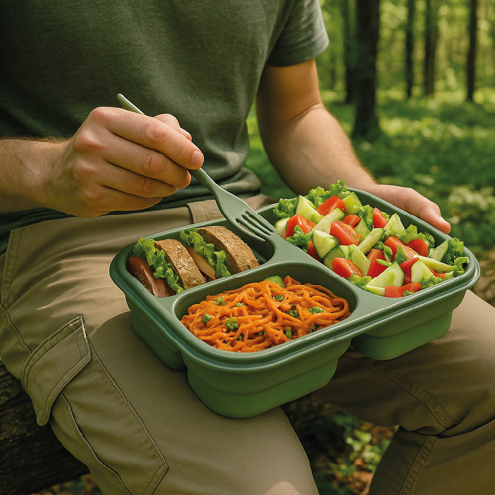 Lonchera Plegable Premium - 3 Compartimentos Herméticos - Libre de BPA - 383g - Cubierto Integrado