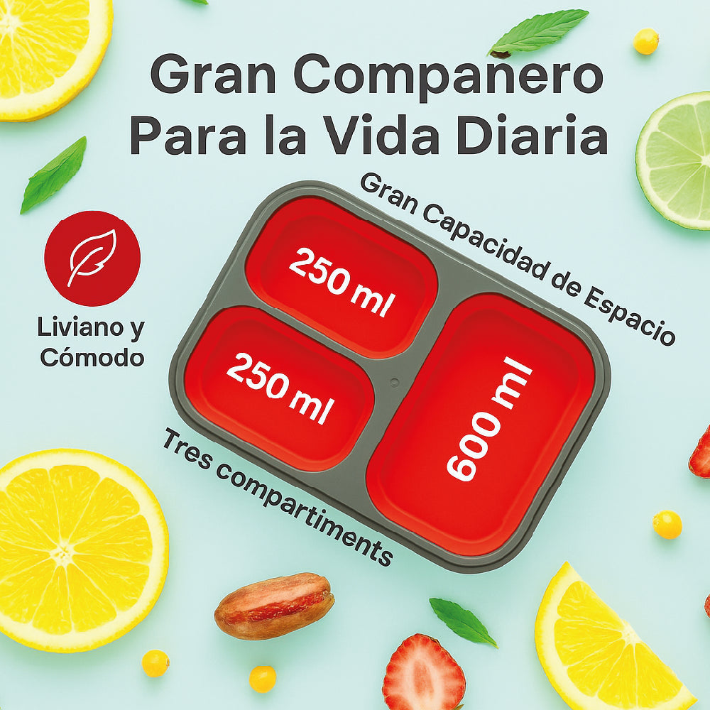 Lonchera Plegable Premium - 3 Compartimentos Herméticos - Libre de BPA - 383g - Cubierto Integrado